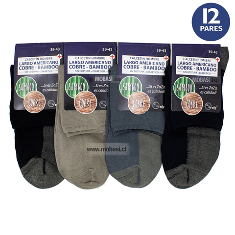 X12 Pares Calcetín Largo Americano Cobre+ Bambú - Sin Costura