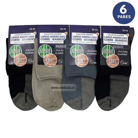X6 Pares Calcetín Largo Americano Cobre+ Bambú - Sin Costura