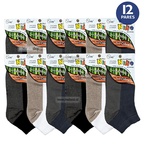 x12 Tobilleras Niños Bambú +COBRE - Sin costura