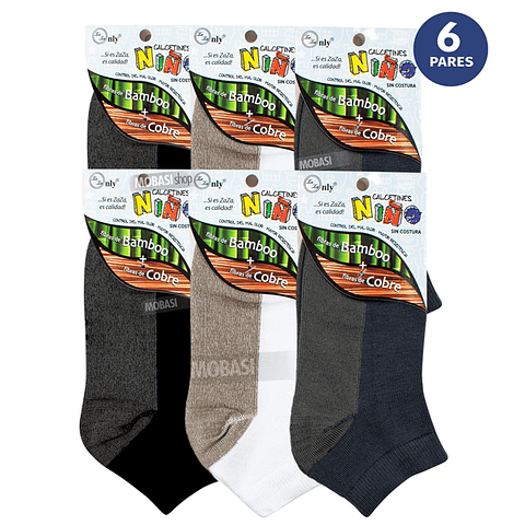 x6 Tobilleras Niños Bambú +COBRE - Sin costura