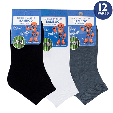 x12 Calcetines Tobilleras Bambú Niños - Sin costura