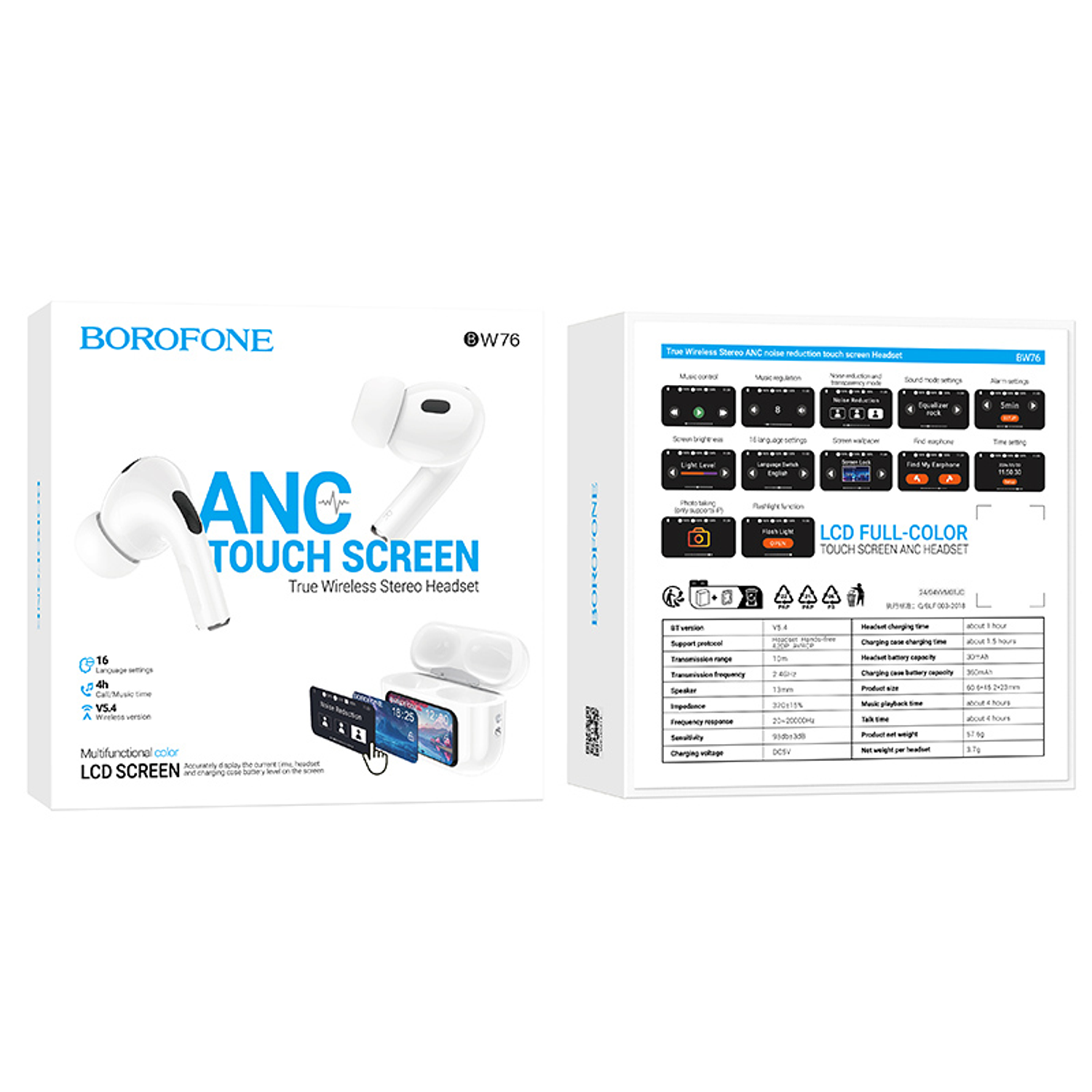 Audífonos TWS Borofone BW76 Brocade ANC Pantalla LED Blanco 2