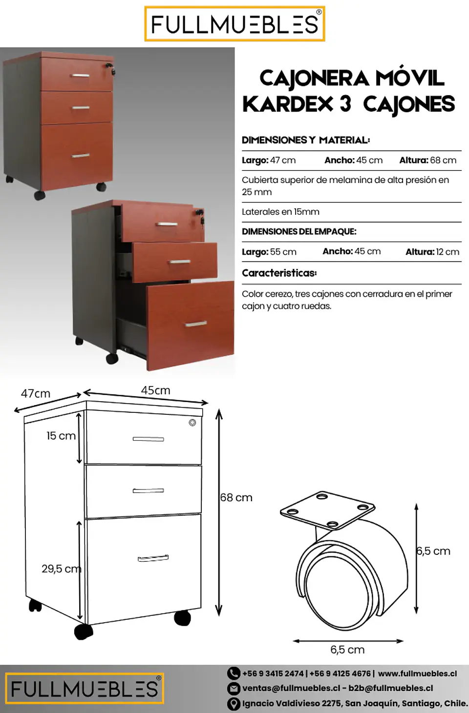Cajonera Móvil Con Kardex, 2 Cajones + 1 Kardex, Primer Cajón Con Llave, 70X40X40, Color Peral 1