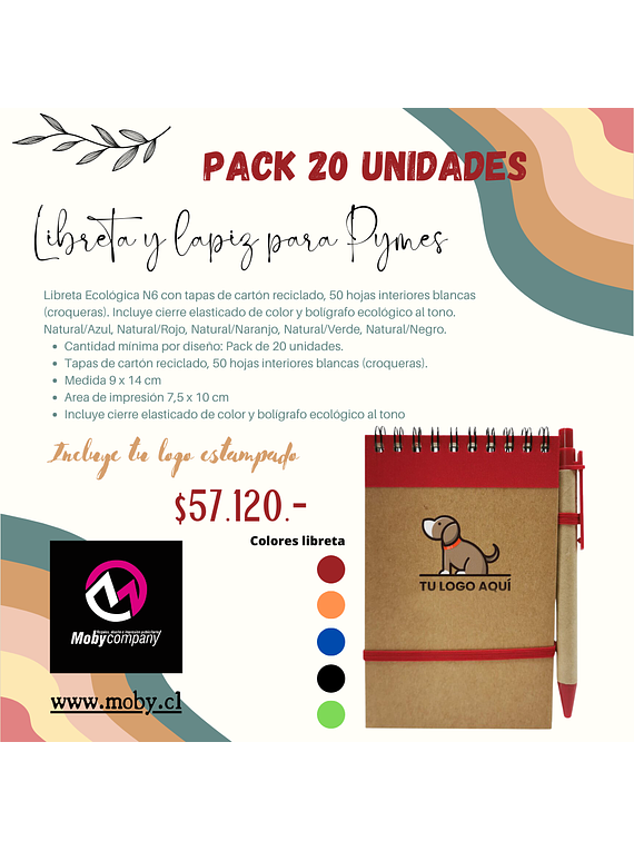 Pack Libreta y Lapiz 20 unidades con tu logo estampado.