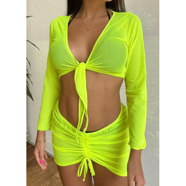 SET CROP TOP AMARRE + FALDA CORTA TRANSPARENCIAS COLORES