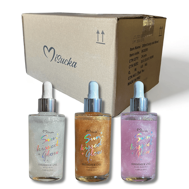 Caja de 24 Aceites Corporales Shimmer Oil MiSucka - 3 Aromas