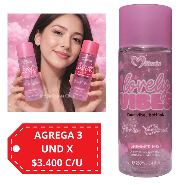 Body Mist Misucka Lovely Vibes Con Shimmer / Brillo  250 Ml  - PINK CLOUD