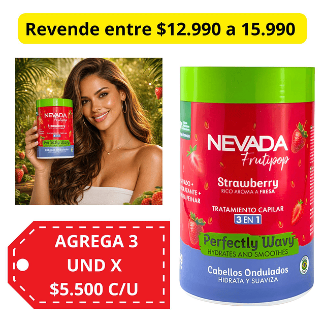 Mascarilla Capilar 3 en 1 NEVADA Cabellos Ondulados Fresa - 1 KG