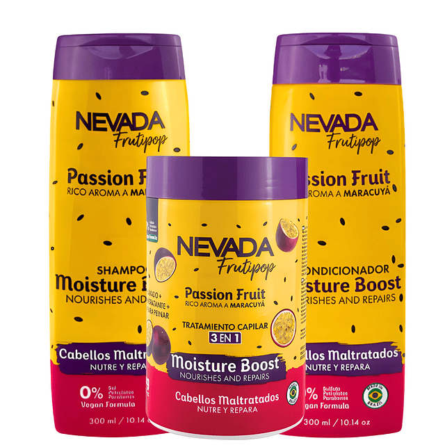Tripack Shampo, Acond, Mascarilla NEVADA -  Cabellos Maltratados Maracuya