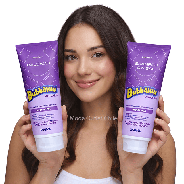 Shampoo y Bálsamo Bubbaluu Anticaída Reconstrucción Daños Extremos – Aroma Uva – 350 ml