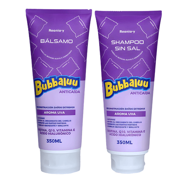 Caja de 12 Shampoo y Bálsamo Bubbaluu Anticaída Reconstrucción Daños Extremos – Aroma Uva – 350 ml