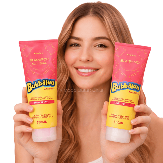 Shampoo Sin Sal y Bálsamo Bubbaluu Antifrizz Reconstrucción Profunda – Aroma Tutti Frutti – 350 ml
