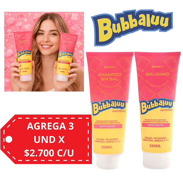 Shampoo Sin Sal y Bálsamo Bubbaluu Antifrizz Reconstrucción Profunda – Aroma Tutti Frutti – 350 ml