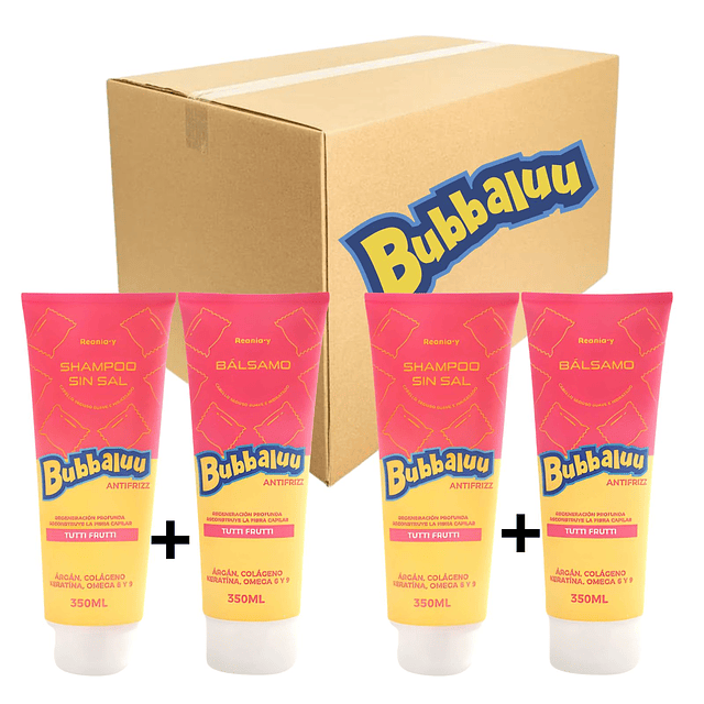 Caja de 12 Shampoo Sin Sal y Bálsamo Bubbaluu Antifrizz Reconstrucción Profunda – Aroma Tutti Frutti – 350 ml