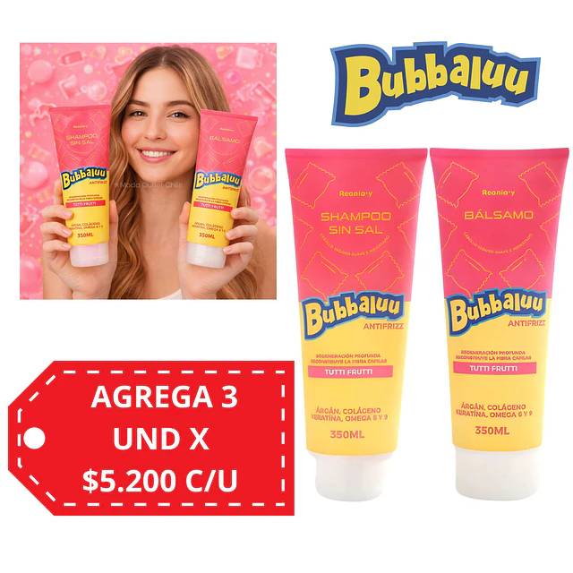 Pack Shampoo y Acondicionador Bubbaluu Antifrizz Reconstrucción Profunda – Aroma Tutti Frutti – 350 ml