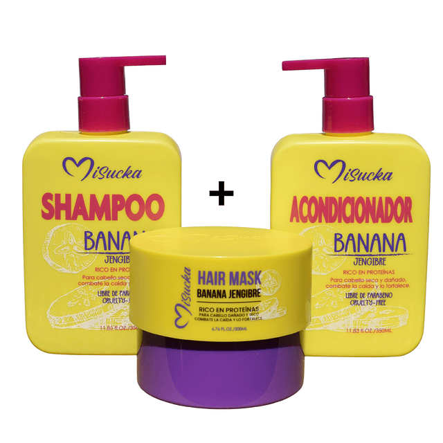 Tripack Shampo, Acondicionador y Mascarilla Banana Jengibre - Misucka 