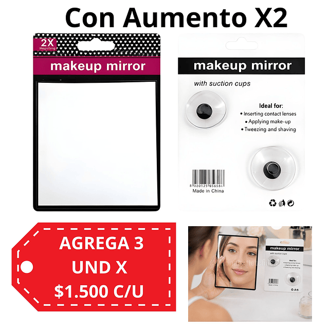 Espejo de Maquillaje Cuadrado con Aumento X2 - AU98
