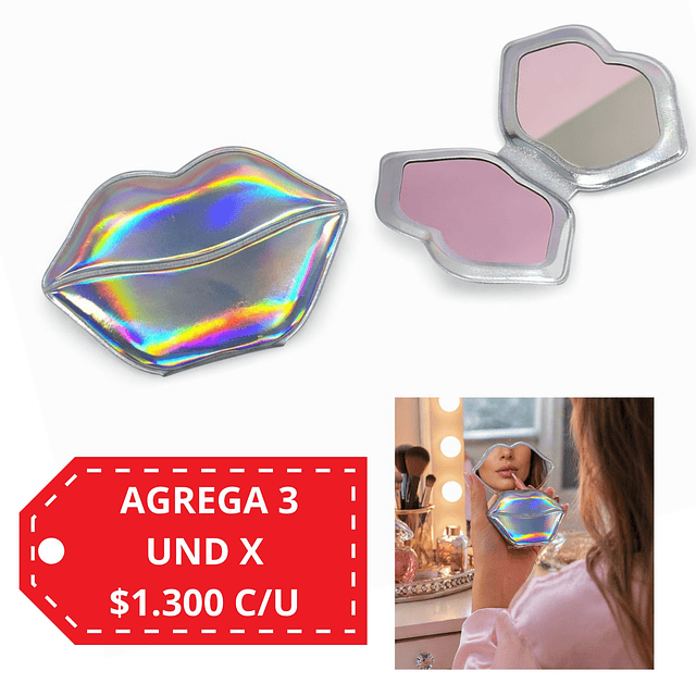 Espejo de Cartera Holografico Doble Aumento (Venta Unitaria Colores Surtidos) - Labios AU114