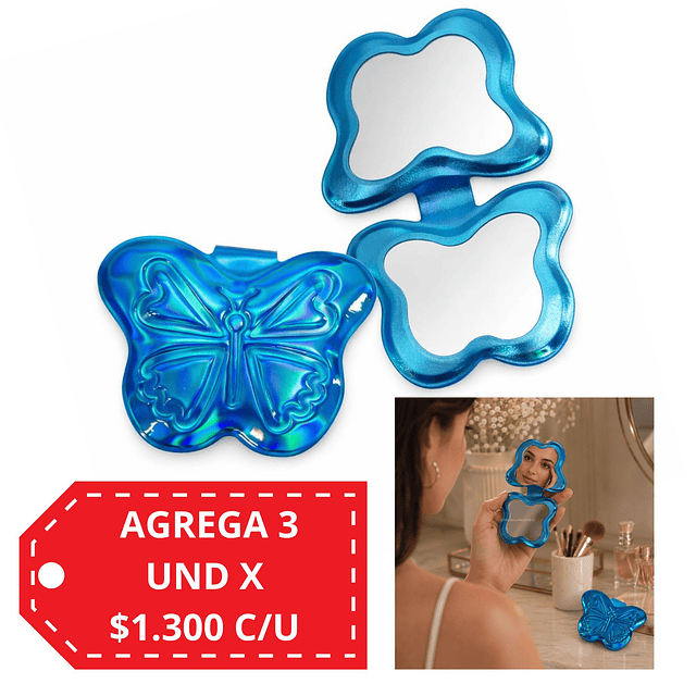 Espejo de Cartera Holográfico Doble Aumento (Venta Unitaria Colores Surtidos) - Mariposa AU118