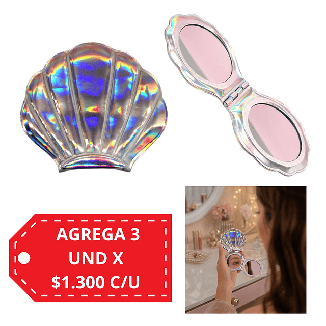 Espejo de Cartera Holografico Doble Aumento (Venta Unitaria colores Surtidos) - Almeja AU116 