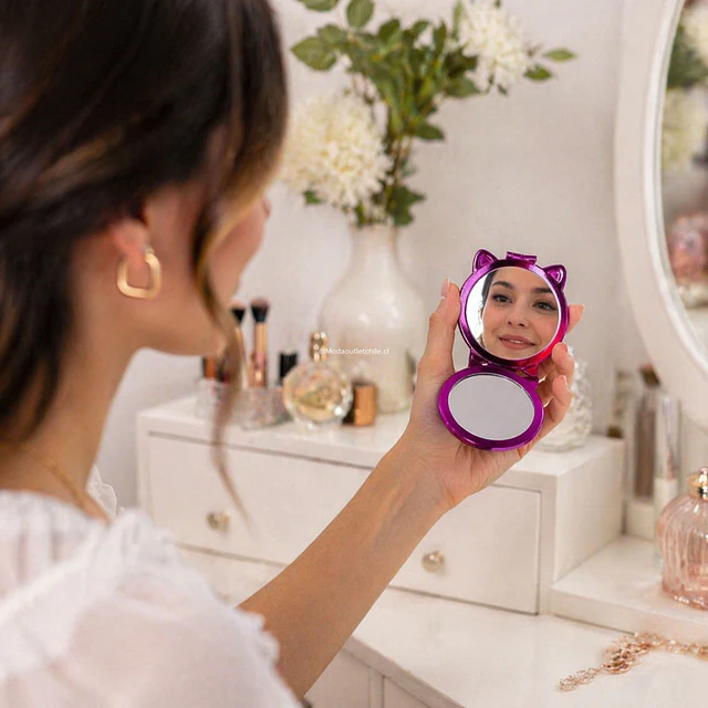 Espejo de Cartera Holografico Doble Aumento (Venta Unitaria colores Surtidos) - Gatito AU144