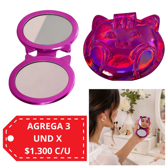 Espejo de Cartera Holografico Doble Aumento (Venta Unitaria colores Surtidos) - Gatito AU144