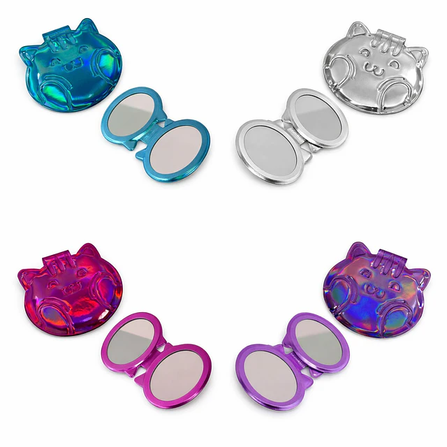 Caja de 12 Espejos de Cartera Holografico Doble Aumento (Venta Unitaria colores Surtidos) - Gatito AU145