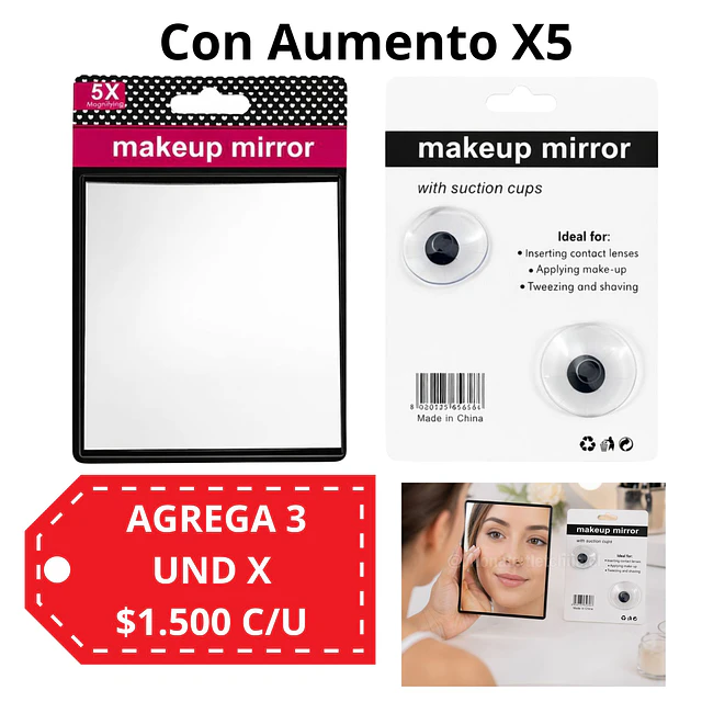 Espejo de Maquillaje Cuadrado con Aumento X5 - AU102
