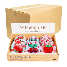 Caja de 12 Espejos de Cartera Redondo de Doble Aumento Diseño de Frutas con Glitter - (Se envían Surtidos) AU297