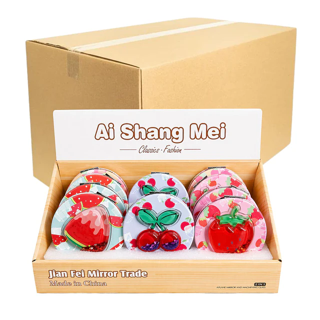 Caja de 12 Espejos de Cartera Redondo de Doble Aumento Diseño de Frutas con Glitter - (Se envían Surtidos) AU297