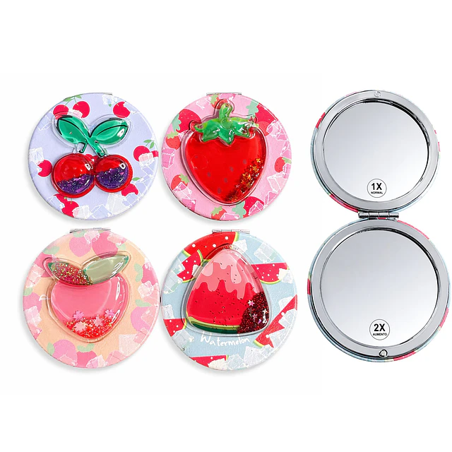 Caja de 12 Espejos de Cartera Redondo de Doble Aumento Diseño de Frutas con Glitter - (Se envían Surtidos) AU297