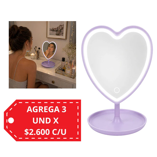 Espejo de Maquillaje LED en Forma de Corazon con Base, Usa Pilas  (Colores Surtidos)  - AU299