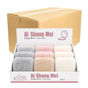 Caja de 12 Espejos de Cartera Peluche Doble Aumento (Rectangular) Colores Surtidos - AU308