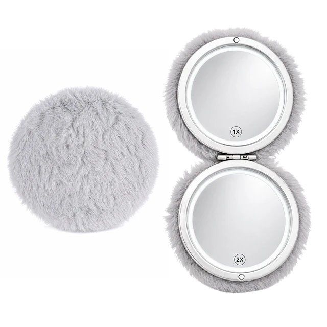 Caja de 12 Espejos de Cartera Peluche Doble Aumento (Redondo) Colores Surtidos - AU307