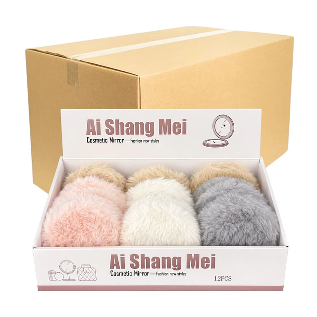 Caja de 12 Espejos de Cartera Peluche Doble Aumento (Redondo) Colores Surtidos - AU307