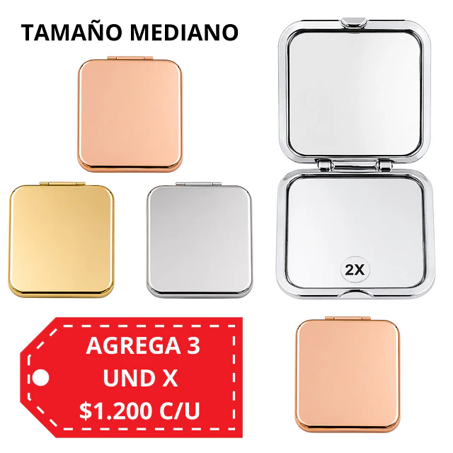 Espejo de Cartera Doble Aumento Glam Square (Mediano) Colores Surtidos - AU310 