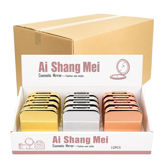 Caja de 12 Espejos de Cartera Doble Aumento Glam Square (Mediano) Colores Surtidos - AU312