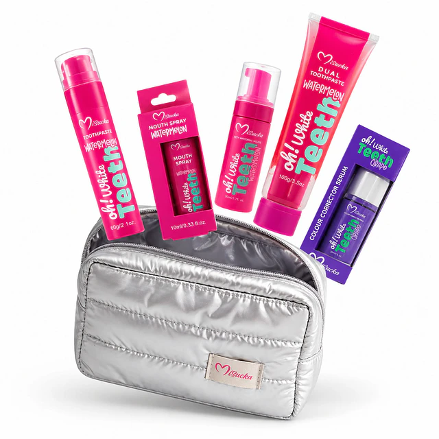 Set Dental Completo Oh White Teeth Sandia Incluye Cosmetiquero ( SE ENVIA EN AROMA A UVA O SANDIA) - 6 Piezas 