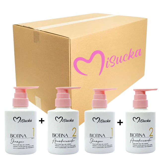 Caja de 12 Pack de Shampoo y Acondicionador Misucka Con Biotina - 300 Ml