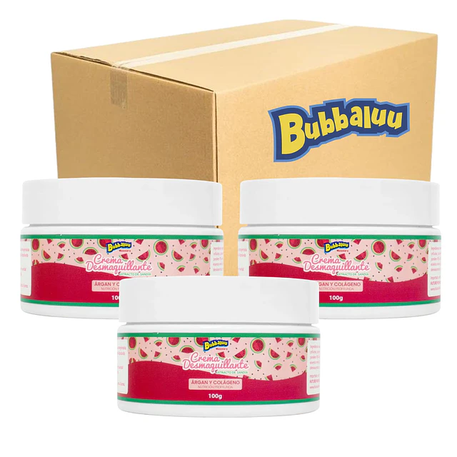 Caja de 12 Cremas Desmaquillante Bubbaluu Argan y Colageno - Sandia 100g - FT1814