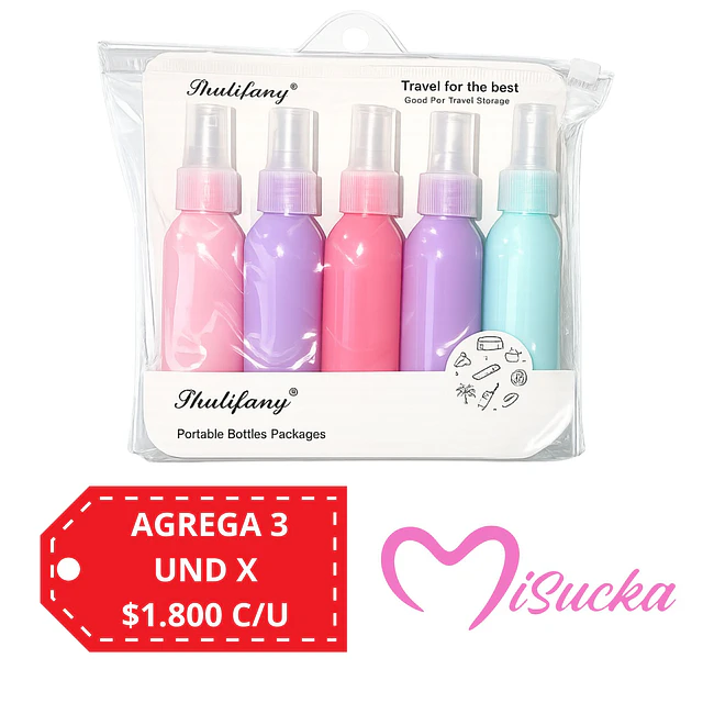 Set de Botellas de Viaje Recargables 5 Piezas Colores Pastel - 2070
