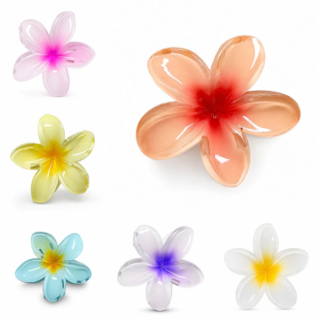 Pack de 6 Pinches de Cabello Flor Hawaiana Translúcida - Colores Surtidos 