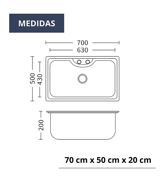 Lavaplatos 70x50 Cm Riñon Sobre Cubierta + Llave Industrial