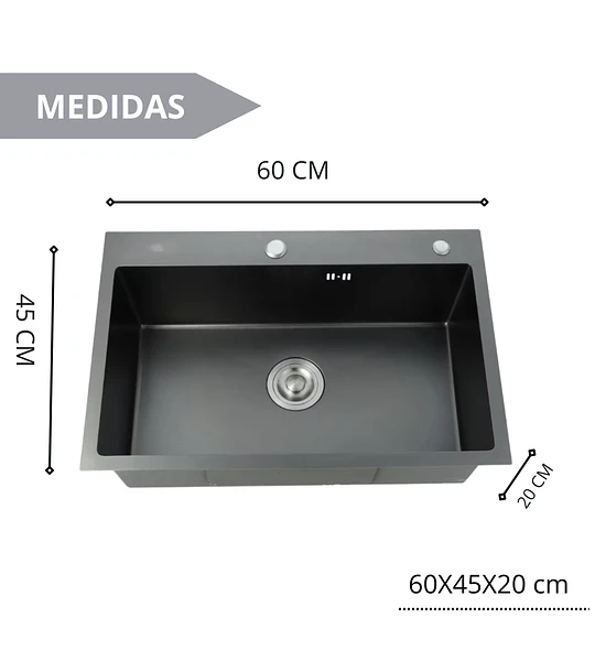 Lavaplatos 60x45 Cm Negro, Rejilla + Dispensador + Griferia
