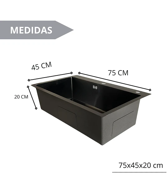 Lavaplatos 75x45 Cm Negro, Rejilla + Dispensador + Grifería