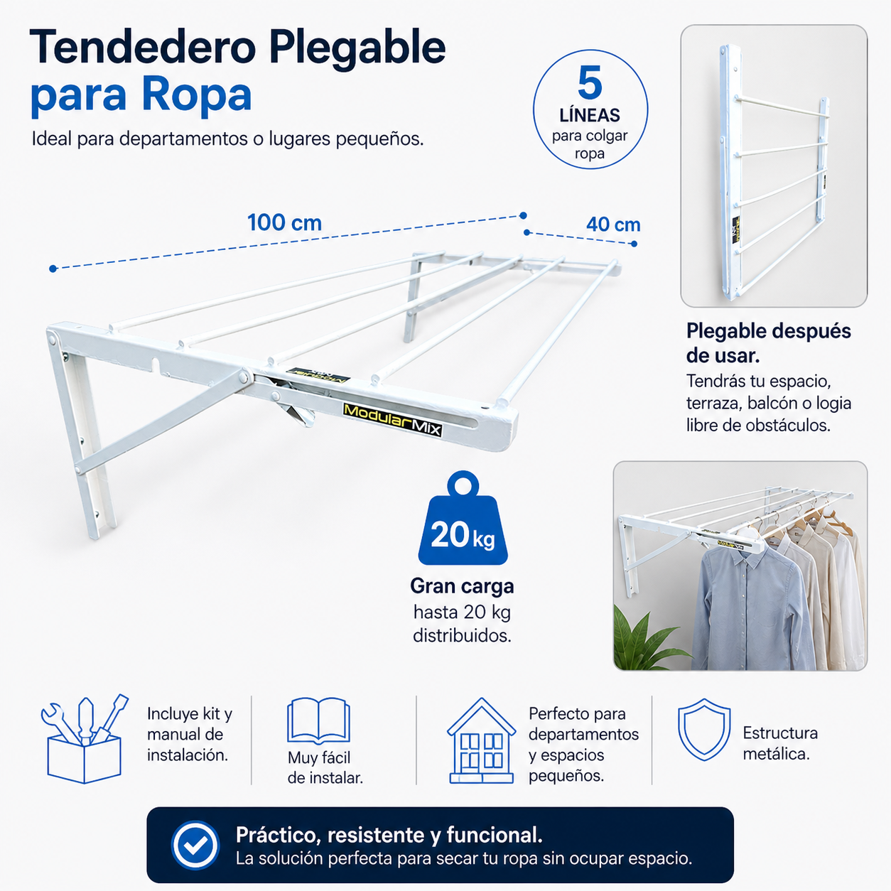Tendedero 100x40 cm ropa blanco 2