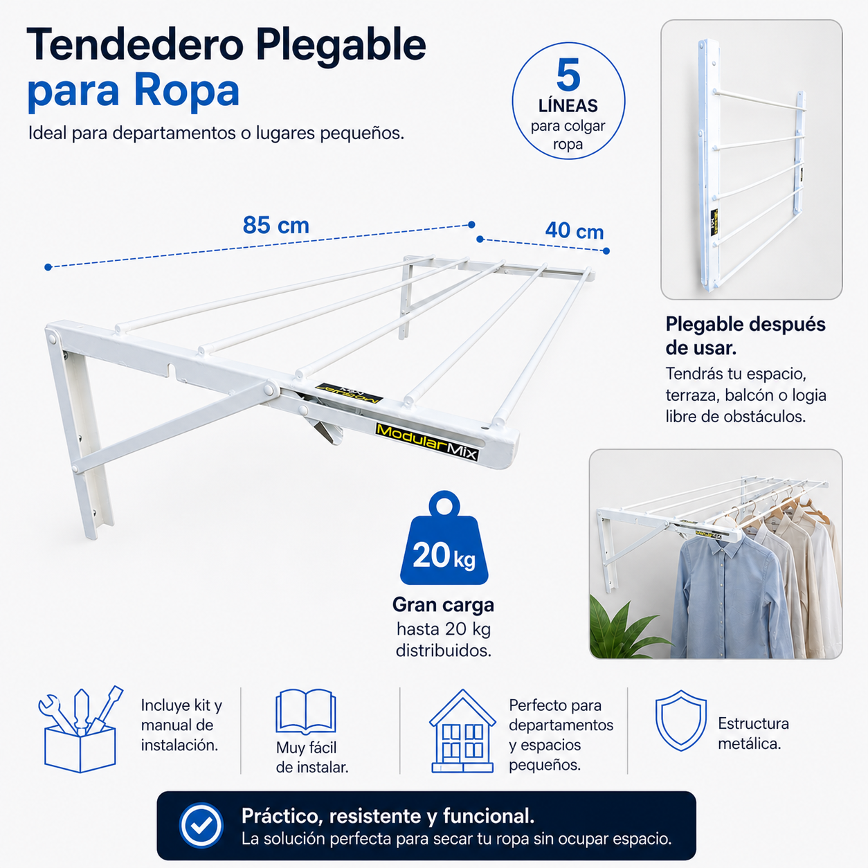 Tendedero 85x40 cm ropa blanco 2