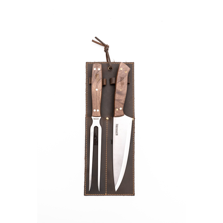 Set Parrillero: Tenedor + Cuchillo Con Funda De Cuero Café 