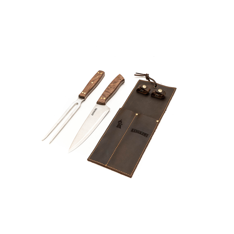 Set Parrillero: Tenedor + Cuchillo Con Funda De Cuero Café 