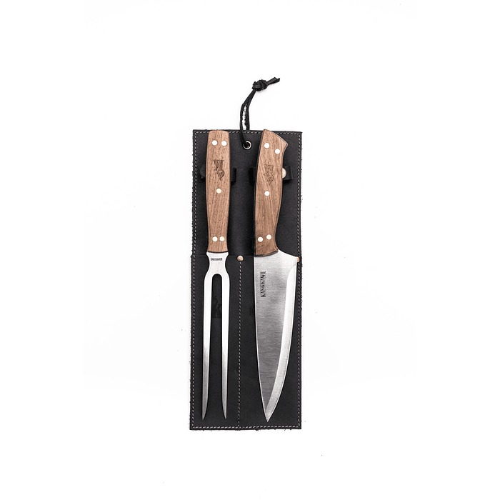 Set Parrillero: Tenedor + Cuchillo Con Funda De Cuero Negra 1